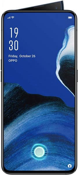Oppo Reno2 front view with pop-up camera raised, displaying lock screen with blue abstract wallpaper and fingerprint sensor