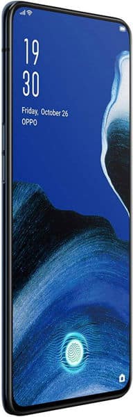 Oppo Reno2 smartphone displayed at an angle, showing its front screen with blue wallpaper, time display, and in-display fingerprint sensor
