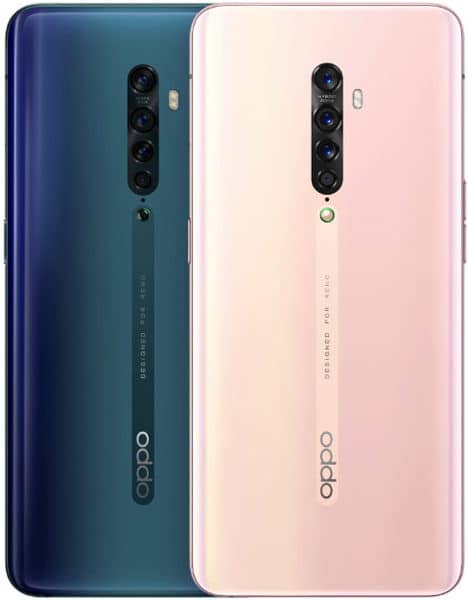 Oppo Reno2 rear view in dark teal and pink, showing quad camera setup and curved display edges