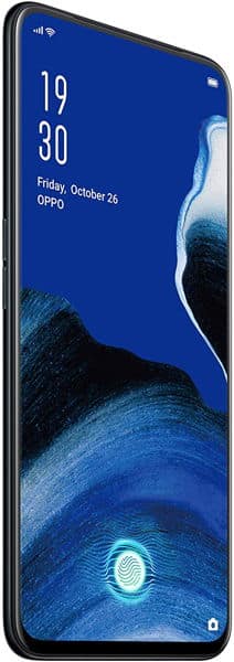Oppo Reno2 Z front view with blue abstract wallpaper on screen showing time 19:30, date Friday October 26, and fingerprint sensor