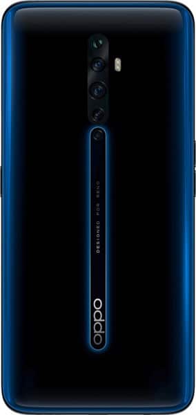 Oppo Reno2 Z rear view, blue finish with quad camera setup and vertical stripe design down the back