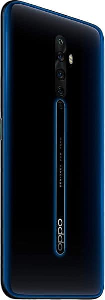 Oppo Reno2 Z rear view, blue phone with triple camera setup and vertical stripe design down the back