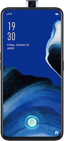 Oppo Reno2 Z front view with pop-up selfie camera, blue abstract wallpaper, time 19:30, and fingerprint sensor on screen
