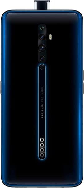Oppo Reno2 Z rear view, blue finish, showing quad camera setup and pop-up selfie camera mechanism
