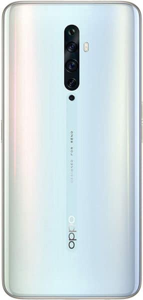 Oppo Reno2 Z rear view, showing vertical triple camera array and iridescent white gradient finish