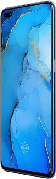 Oppo Reno3 Pro front view with blue marble wallpaper on screen and waterdrop notch camera cutout