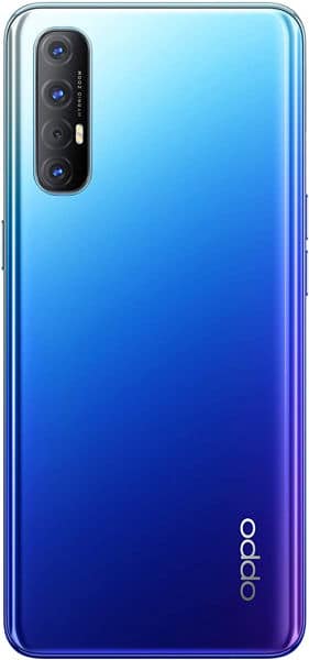 Oppo Reno3 Pro rear view, showing quad camera setup and gradient blue finish from light cyan to deep purple