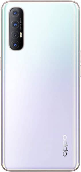 Oppo Reno3 Pro rear view, showing quad camera setup and gradient white-to-purple back panel with Oppo logo