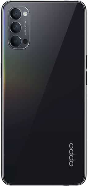 Oppo Reno4 5G rear view, showing triple camera setup and dark gradient back panel with iridescent edge