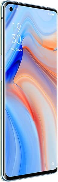 Oppo Reno4 Pro 5G front view showing display with blue and orange gradient wallpaper and time 19:30