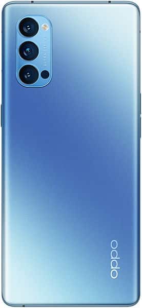 Oppo Reno4 Pro 5G rear view showing triple camera setup and blue gradient design fading from dark to light