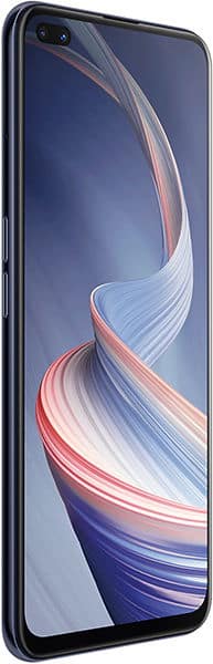 Front view of Oppo Reno4 Z 5G showing edge-to-edge display, dual front camera cutout, slim side buttons, blue-red swirl wallpaper.