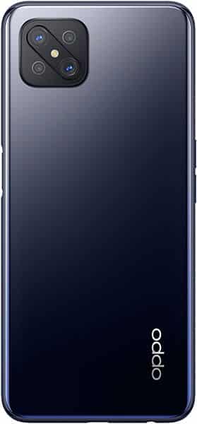 Rear view of black Oppo Reno4 Z 5G with square quad-camera module, LED flash top left, and Oppo logo bottom right.