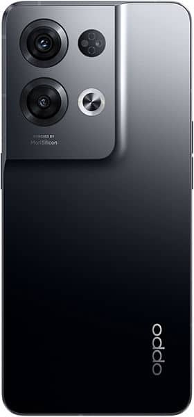 Oppo Reno8 Pro rear view, black gradient body with dual camera module featuring two large lenses and smaller sensors, silver accents on right side
