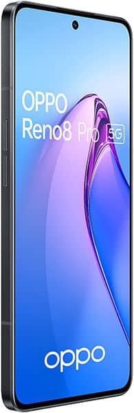 Oppo Reno8 Pro front view, displaying screen with purple gradient wallpaper and product branding