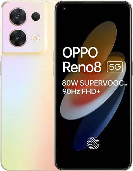 Oppo Reno8 5G smartphone shown front and rear views, displaying dual rear cameras and screen with 80W SUPERVOOC and 90Hz FHD+ specifications in light gradient finish