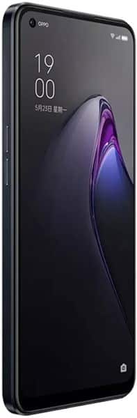Oppo Reno8 front view, black phone displaying lock screen with time 19:00 and purple gradient wallpaper design