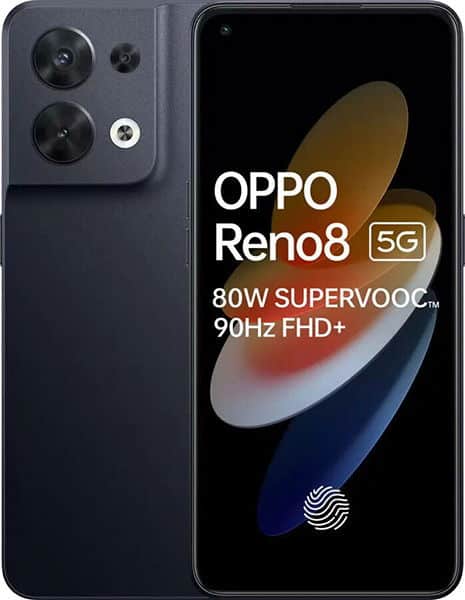 Oppo Reno8 5G smartphone shown from front and rear, displaying dual camera setup and screen with 80W SUPERVOOC and 90Hz FHD+ specs