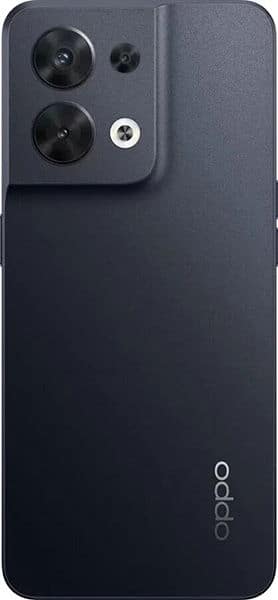 Oppo Reno8 rear view, black, showing dual camera setup with larger and smaller lenses and flash