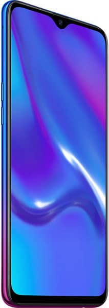 Oppo RX17 Neo front view, displaying purple and blue gradient screen with waterdrop notch design