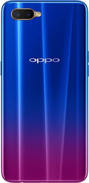 Oppo RX17 Neo rear view, blue to purple gradient back with dual camera setup and Oppo logo