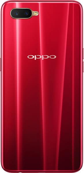 Oppo RX17 Neo rear view, glossy red back with vertical stripe pattern and dual camera module