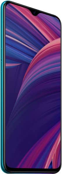 Oppo RX17 Pro front view with teal frame and display showing purple and pink abstract wallpaper