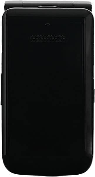 Orbic Journey Pro flip phone, closed, front view showing black exterior and hinge at top
