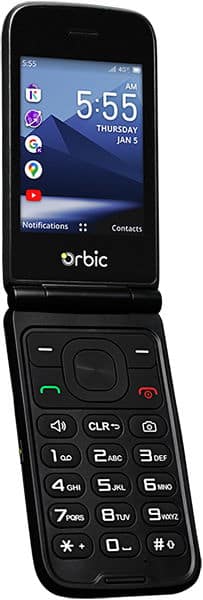 Orbic Journey Pro flip phone, open, displaying time and app icons on upper screen with numeric keypad below