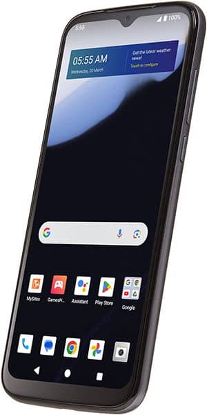 Front view of Orbic Joy 2 black smartphone showing home screen, app icons, weather alert, and clock at 05:55 AM.