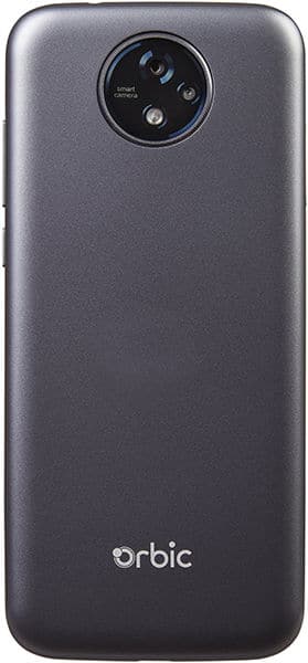Rear view of black Orbic Joy 2 showing triple camera module, LED flash, and Orbic logo near the bottom.