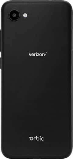 Rear view of black Orbic Joy smartphone with single camera, flash, center "verizon" logo, and bottom "orbic" branding.