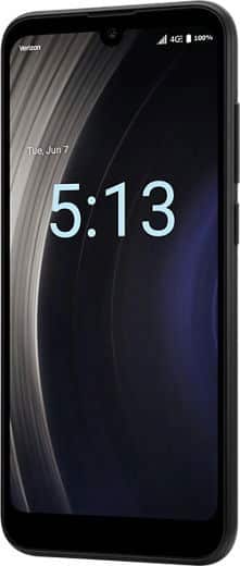 Front view of Orbic Joy black smartphone showing lock screen with time, date, Verizon 4G LTE, full battery; dark abstract background.
