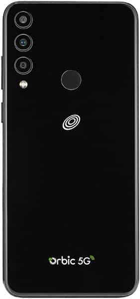 Rear view of black Orbic Magic 5G showing triple cameras, flash, fingerprint sensor, Orbic logo, and Orbic 5G branding.