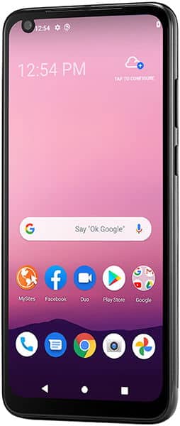 Front view of Orbic Magic 5G showing pink gradient screen with app icons, 12:54 PM time, and weather widget in top right.