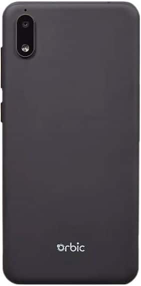 Orbic Maui+ smartphone, rear view, showing dark gray back panel with dual camera and Orbic branding