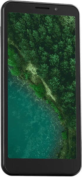 Orbic Maui+ smartphone shown from front, displaying aerial view of forested coastline with turquoise water on screen