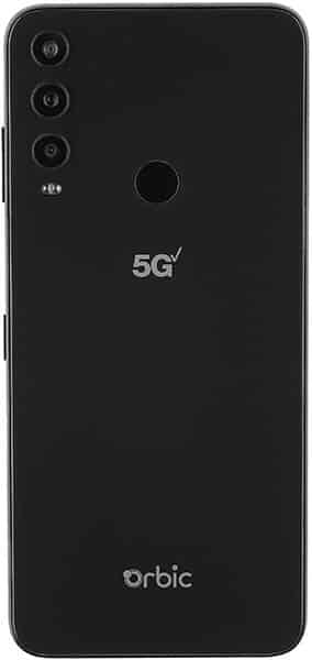 Rear view of black Orbic Myra 5G shows triple cameras (top left), fingerprint sensor (upper center), and "5G" and "Orbic" logos.
