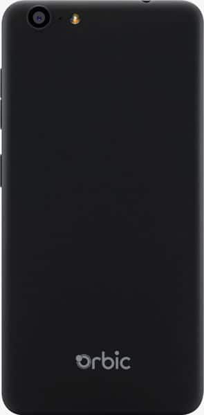 Rear view of black Orbic Wonder phone with single rear camera and flash in top left, Orbic logo at lower center.