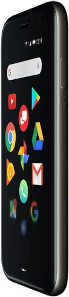 Palm Phone front view displaying home screen with Google apps including Chrome, Maps, Gmail, and others on black display