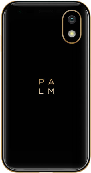 Palm Phone rear view, black with gold trim and camera, showing PALM logo on back