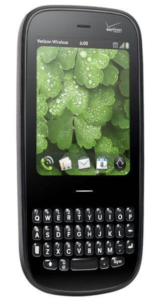 Palm Pixi Plus front view, black smartphone with touchscreen displaying green leaf wallpaper and QWERTY keyboard below