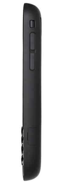 Palm Pixi Plus side view, black candybar-style smartphone with curved edges and button details