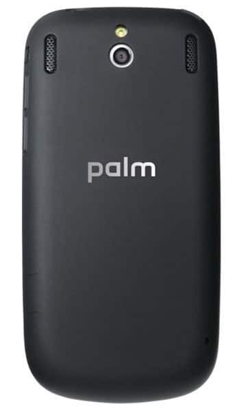 Palm Pixi Plus rear view, black smartphone with camera lens, speaker grills, and palm branding