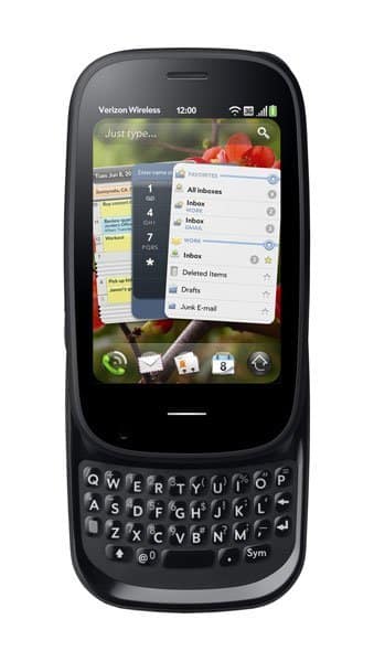 Front view of a black Palm Pre 2 with slide-out QWERTY keyboard and screen showing open apps and "Verizon Wireless" header.