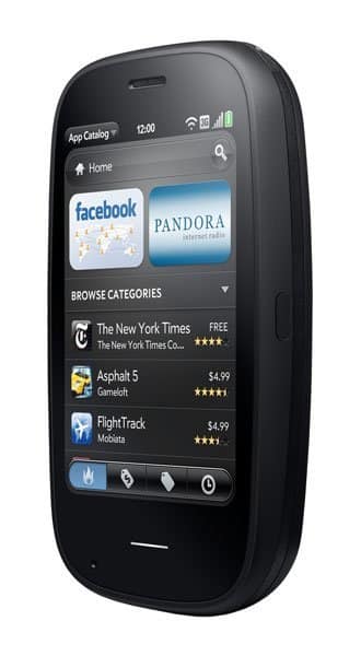 Front view of black Palm Pre 2 showing app catalog with Facebook, Pandora, NYT, Asphalt 5, and FlightTrack apps on screen.