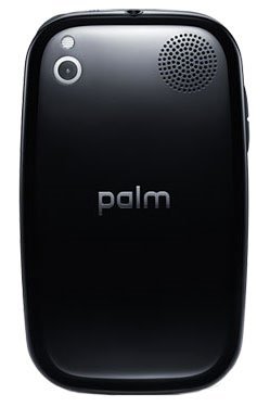 Rear view of black Palm Pre 2 showing camera, flash, speaker grille, and centered "palm" logo.