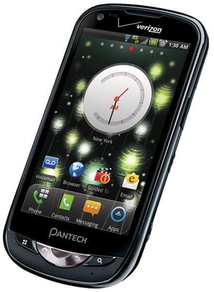 Pantech Breakout front view displaying home screen with analog clock widget, app icons, and Verizon branding at top