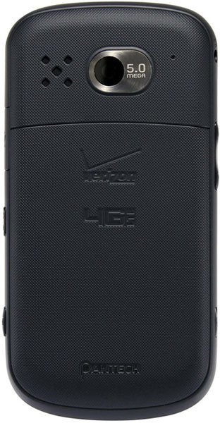 Pantech Breakout rear view, black device with 5.0 megapixel camera, speaker grille, and textured back panel
