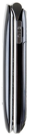 Pantech Breeze II open, front view showing black flip phone with silver trim and keypad visible inside